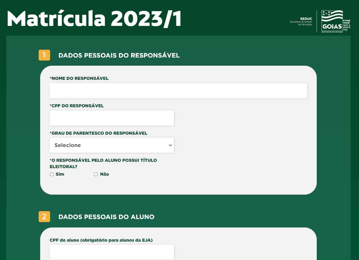 formulário de Passo a passo fazer matrícula Goiás