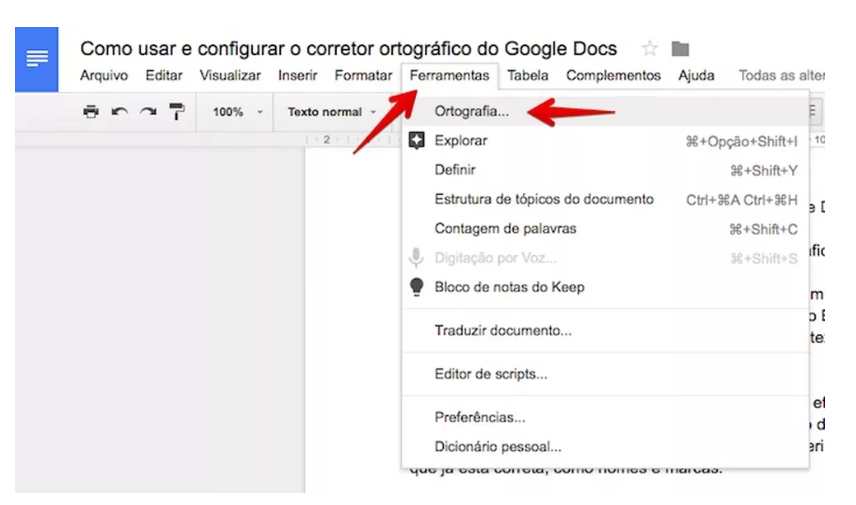 configurar o corretor ortográfico do Google Docs