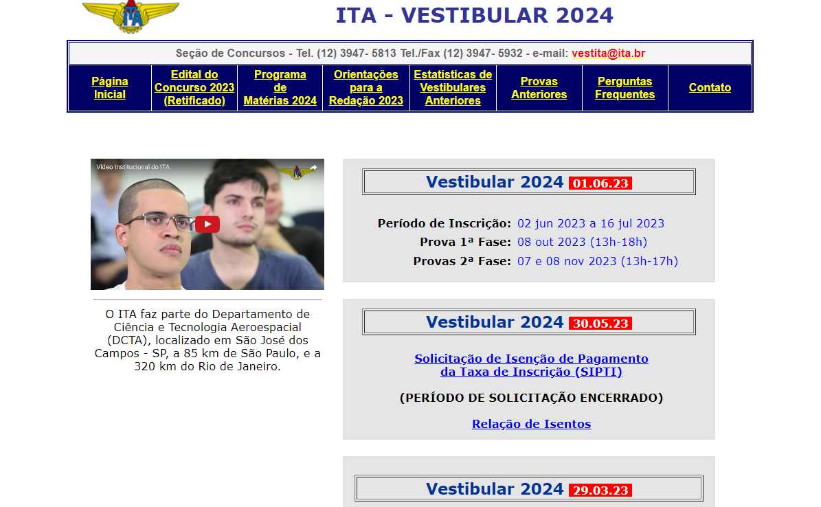 site Instituto Tecnológico de Aeronáutica (ITA) para inscrição