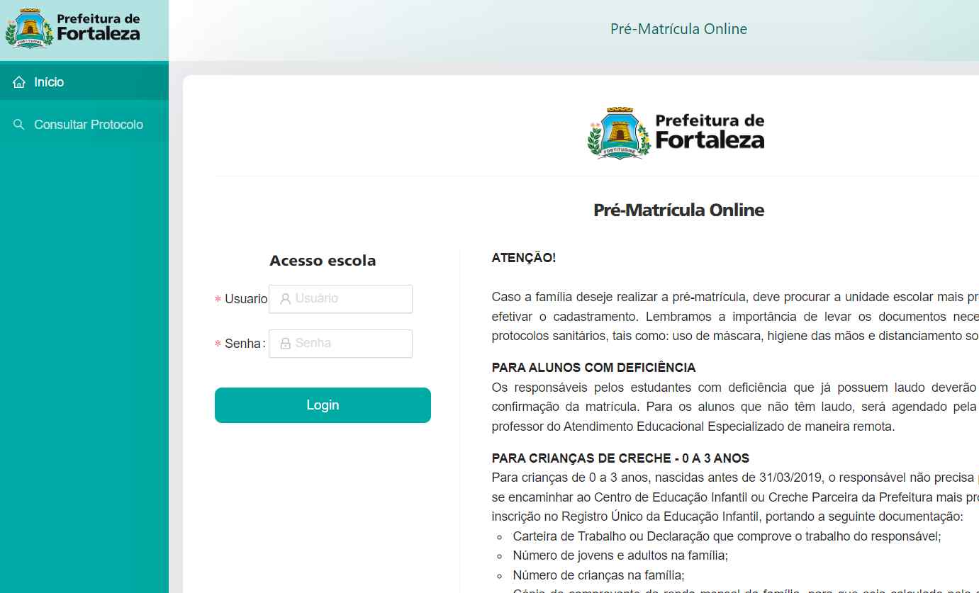 pré-matrícula online para rede municipal Fortaleza