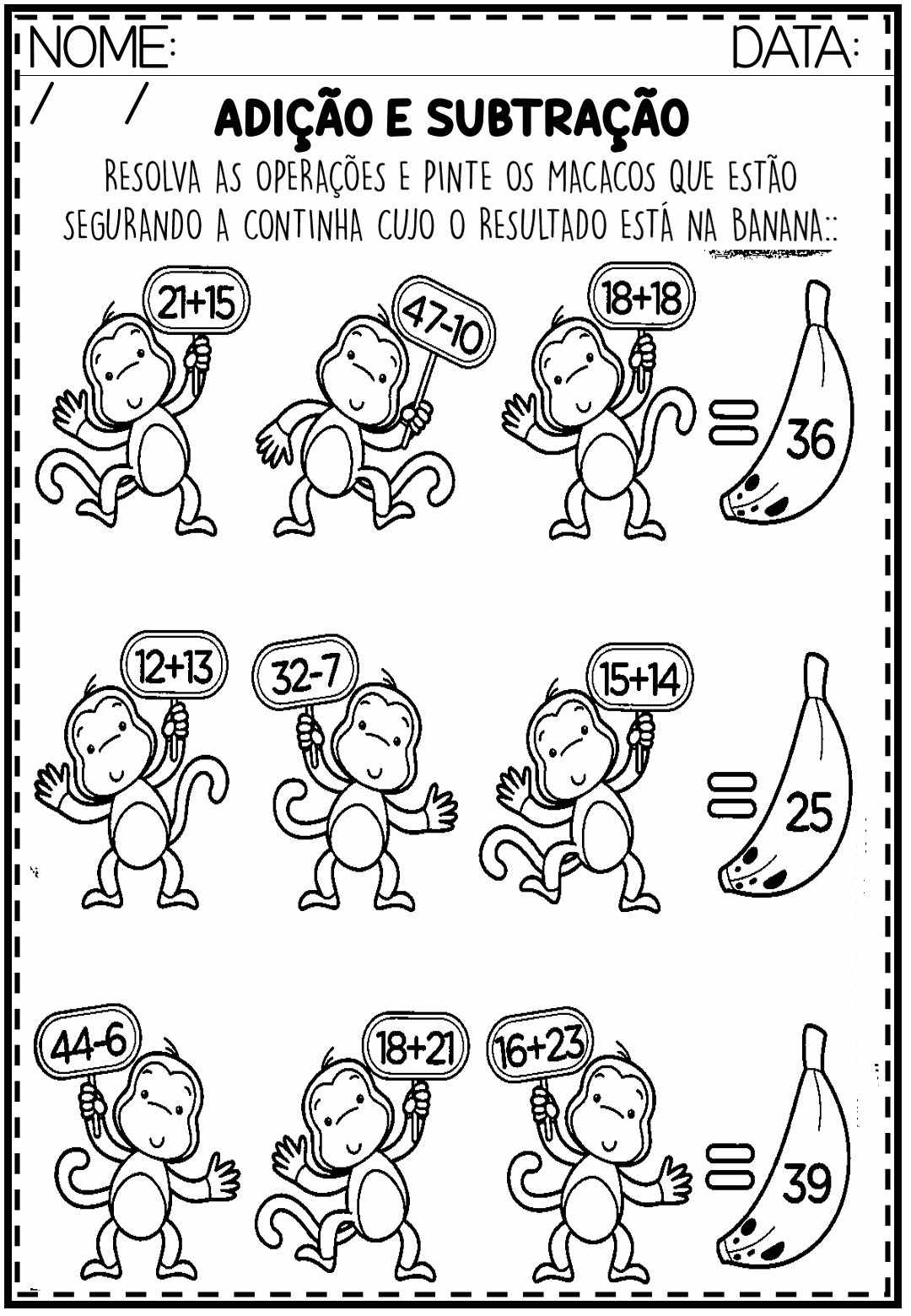 Atividade de matemática para 2º e 3º ano - adição e subtração