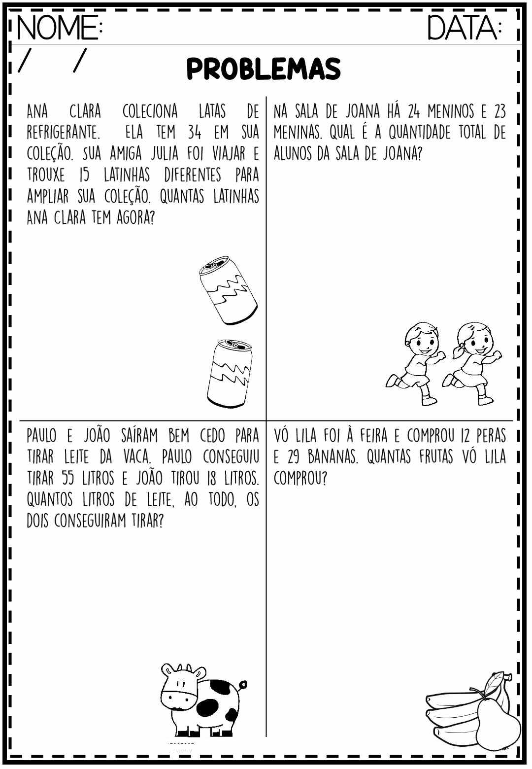 Atividade de matemática para 2º e 3º ano - probleminhas