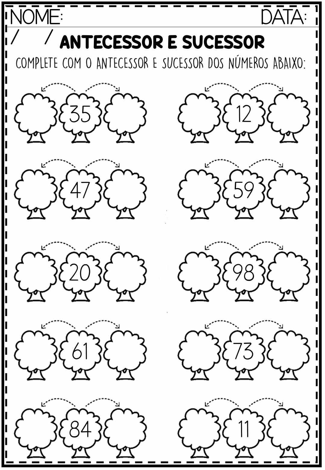 Atividade de matemática para 2º e 3º ano - antecessor e sucessor dos números