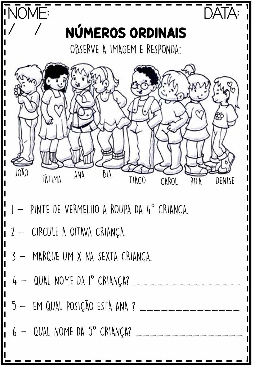 Atividade de matemática para 2º e 3º ano - números ordinais