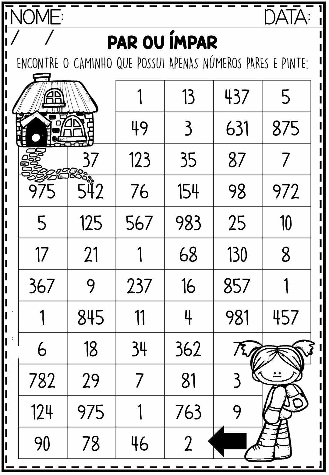 Atividade de matemática para 2º e 3º ano - par ou ímpar