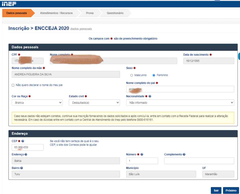 1ª tela - dados pessoais e endereço