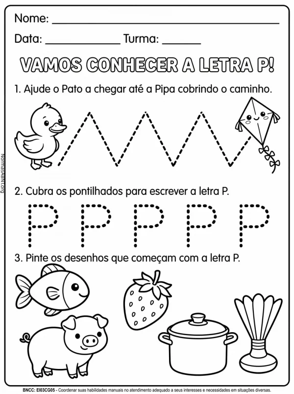 atividade pré-1 BNCC, aprender a letra P, branco e preto