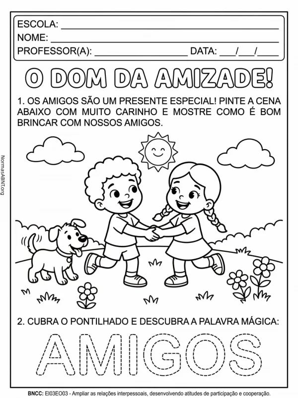 atividade de ensino religioso sobre a amizade para crianças do pré 1. A atividade em preto e branco para impressão para o aluno colorir as ilustrações.