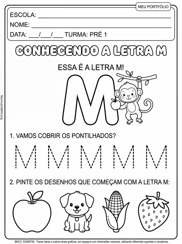 atividade para educação infantil, sobre a letra M, preto e branco