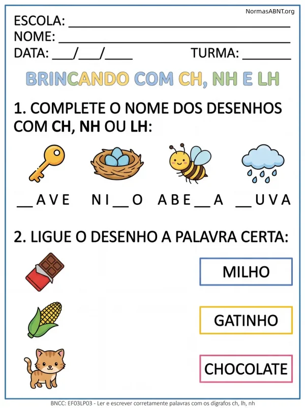 atividades para 3 ano do EF: palavras com dígrafos CH, NH, LH