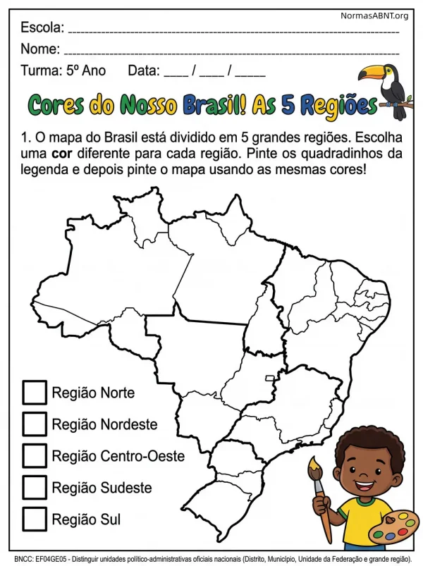 atividades geografia de 4 ano do EF, cores do brasil e as 5 regiões