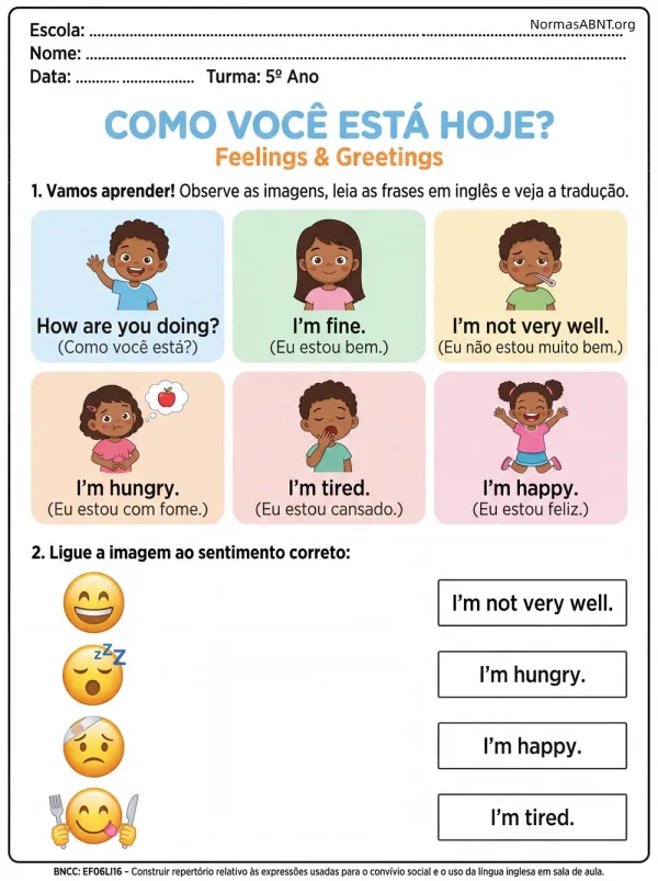 atividades de inglês para 6 ano do EF, feelings e greetings