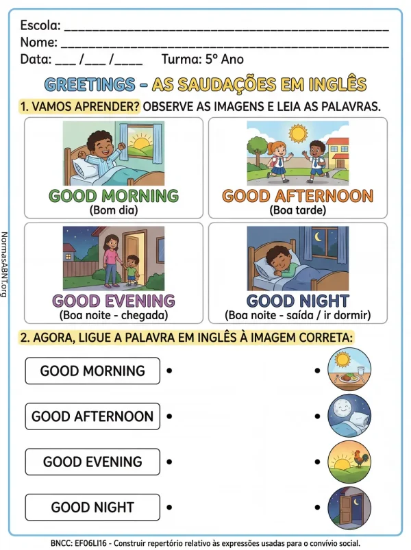 atividade de inglês sobre greetings, as saudações em inglês