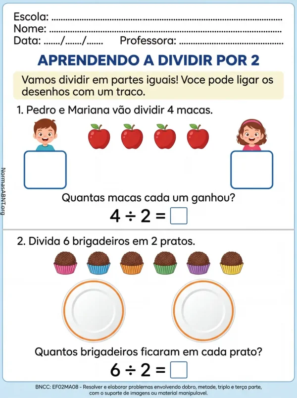 atividade matemática para 2º ano EF, aprender a dividir por 2