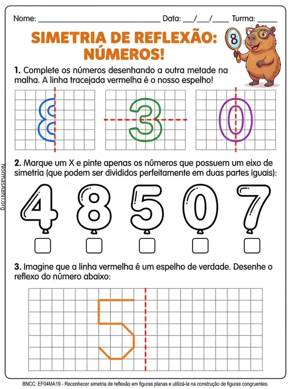 atividade matemática para 4º ano EF, simetria de reflexão, números