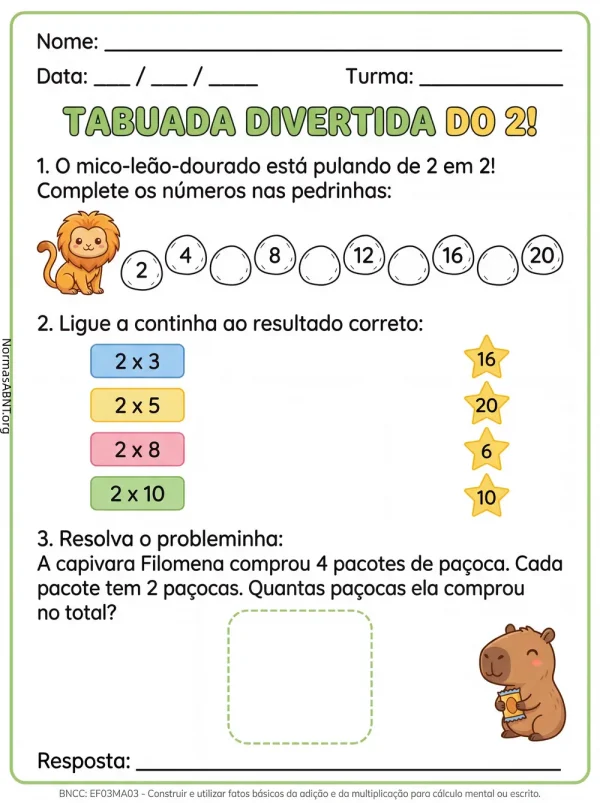 atividade matemática para 3º ano do ensino fundamental, tabuada do 2