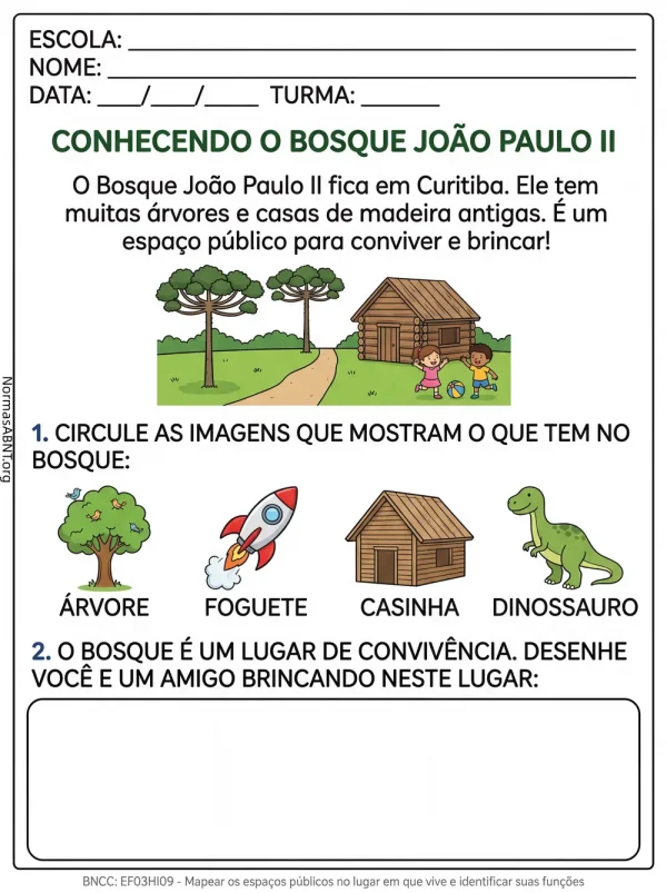 atividade história para 3 ano do EF, conhecer bosque joão paulo II