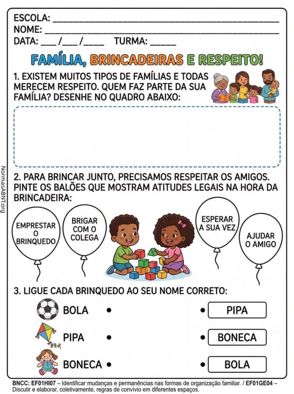 atividade história para 1 ano do EF, EF01HI07 bcc, família, brincadeiras e respeito