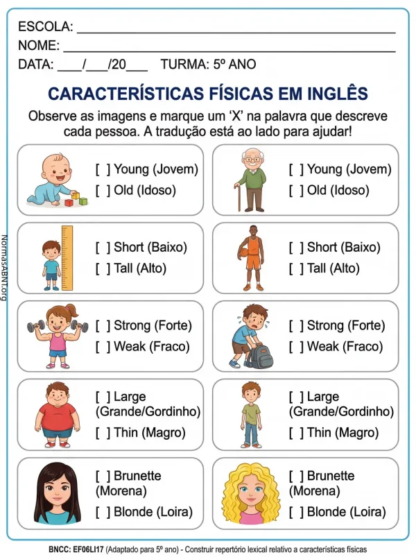 característica física em inglês, 5-6 ano do EF