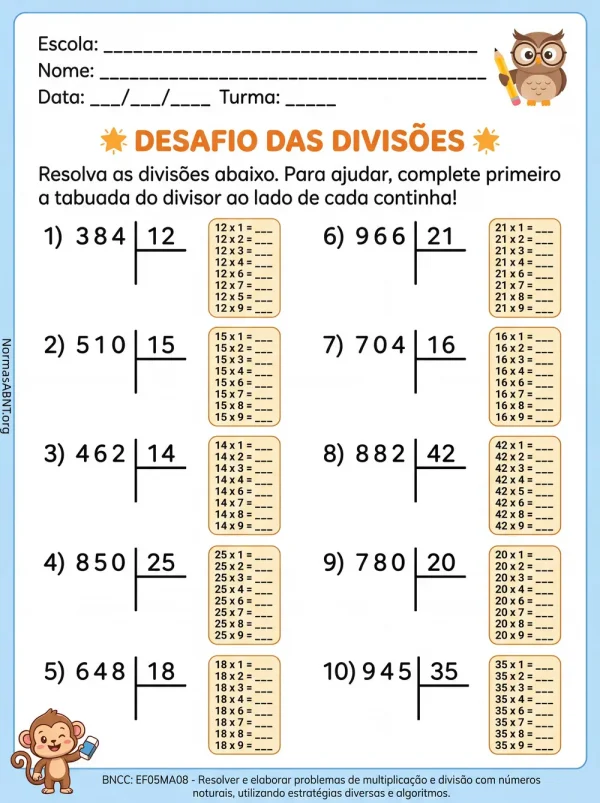 atividade sobre divisões, 5º ano do EF