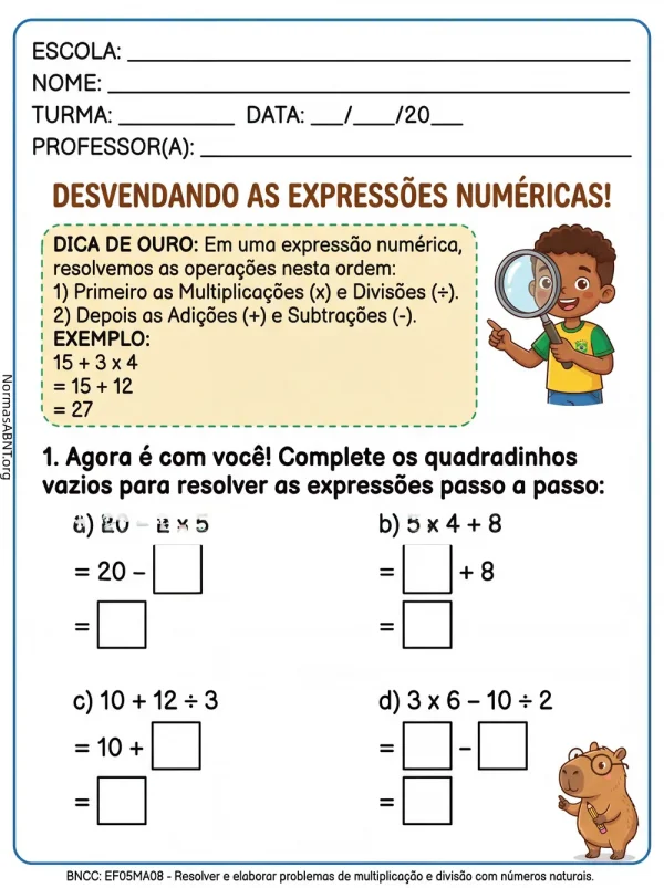 atividade de matemática para 5º ano EF, sobre expressões numéricas