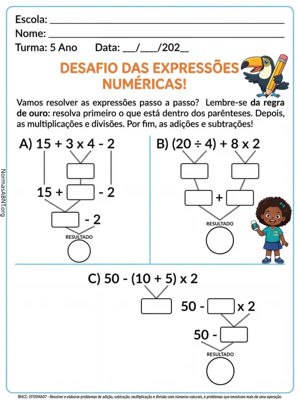 atividade matemática para 5º ano do EF, sobre expressões numéricas