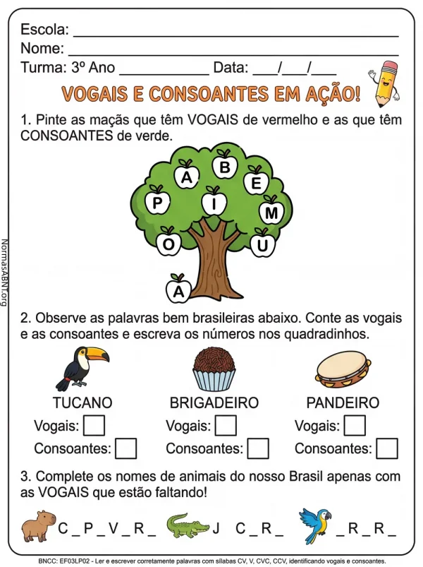 atividade sobre vogais e consoantes, 3º ano EF
