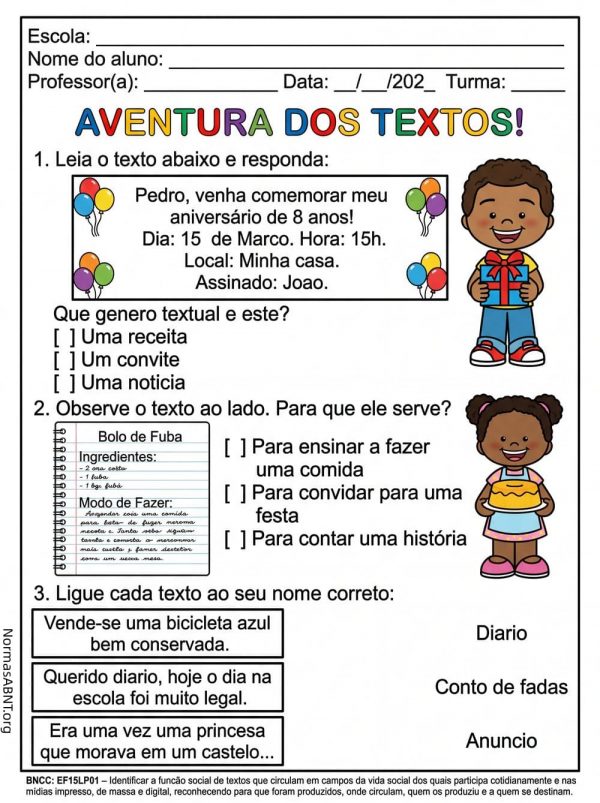Interpretação do texto com 3 questões para resolver