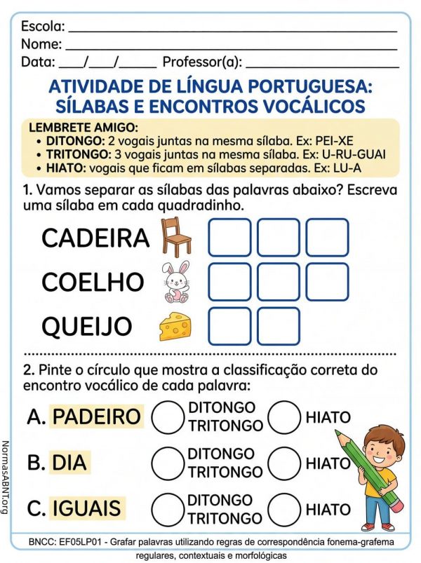 Atividade de língua portuguesa: sílabas e encontros vocálicos