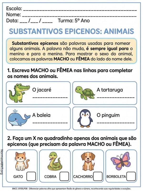 Atividades sobre Substantivos epicenos: animais