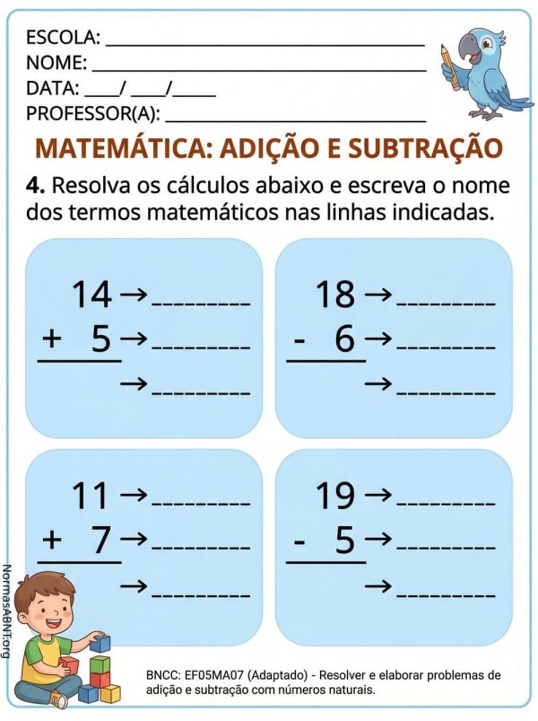 Atividade de Matemática: adição e subtração