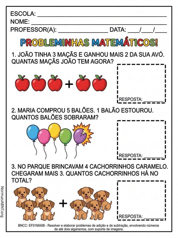 probleminhas matemáticos sobre adição e subtração