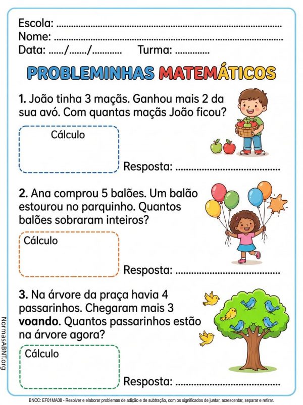 três probleminhas matemáticos para 1º ano do EF