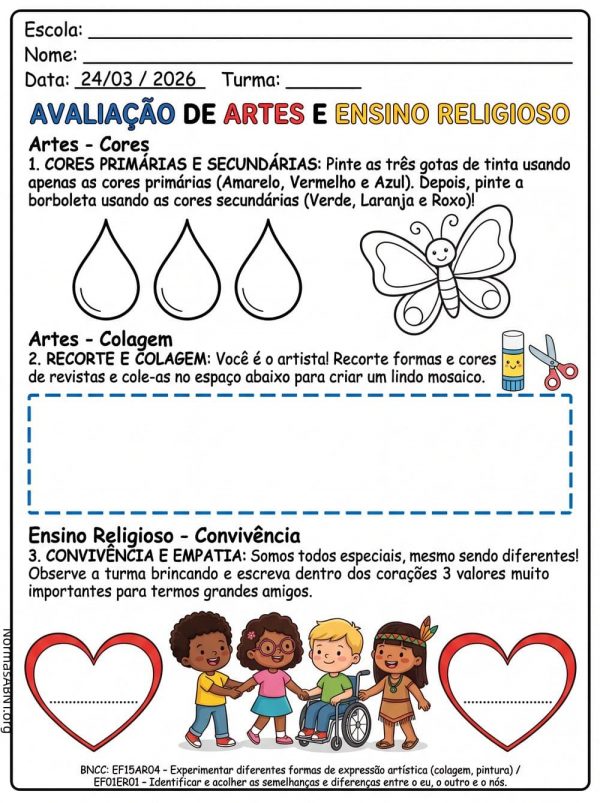 folha de atividade para Avaliação de artes e ensino religioso