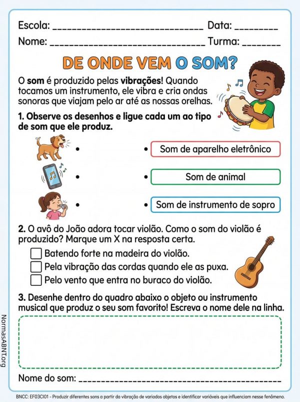 atividade de ciência para 3º ano, tema sobre o som