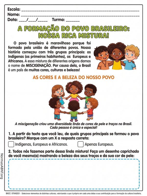 atividade de geografia para 4º ano EF, formação do povo brasileiro, nossa rica mistura