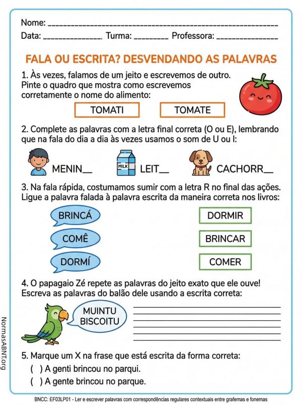 folha de atividade da língua portuguesa para 3º ano do EF