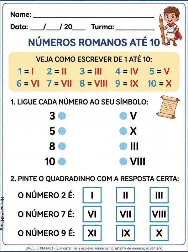 números romanos até 10 para matemática do 6º ano do EF