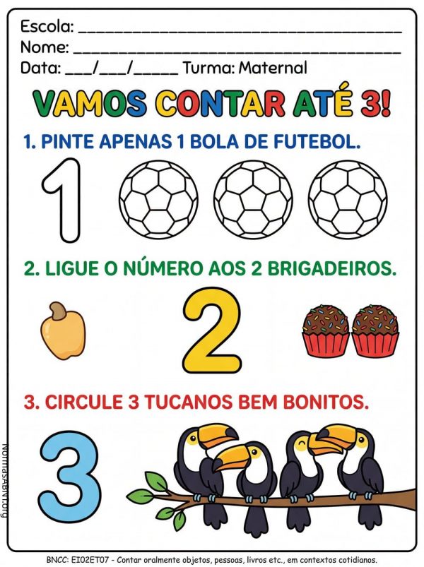contar até 3, atividade para educação infantil