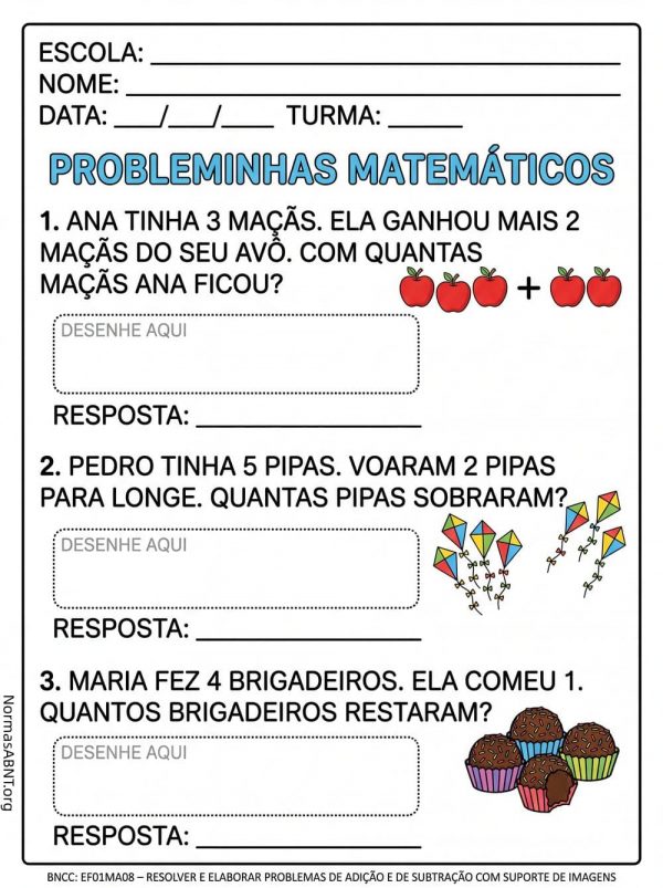 probleminhas matemáticos para 1º ano do EF, três questões para resolver