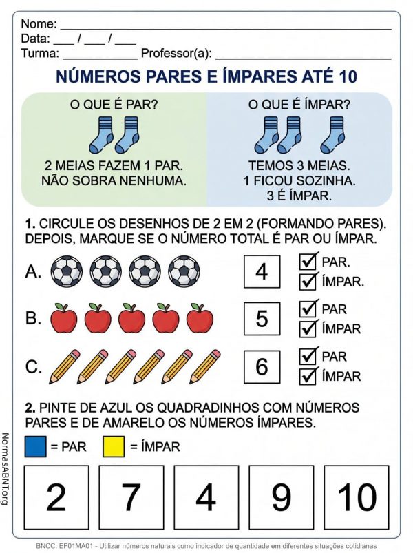 matemática para 1 º ano do EF, números pares e ímpares até 10