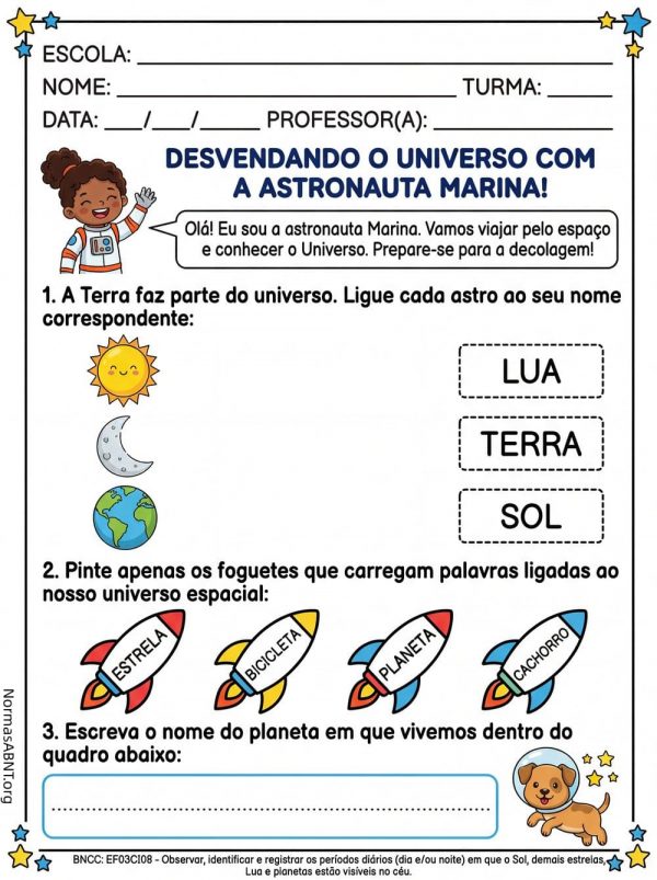 atividade de ciência de 3º ano do EF, tem atividade sobre lua, terra, sol, etc