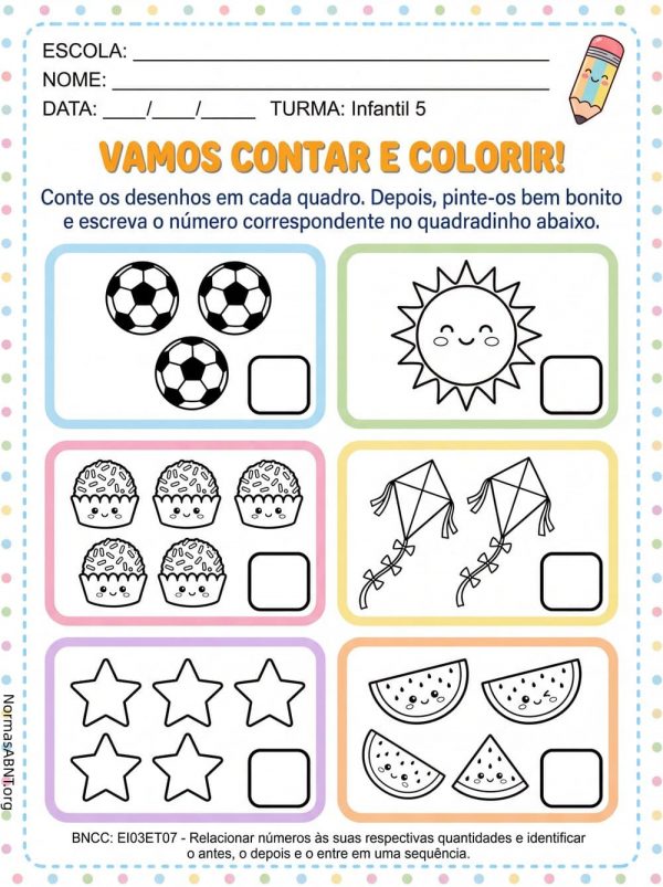 vamos contar e colorir, atividade para edu. infantil a contar números