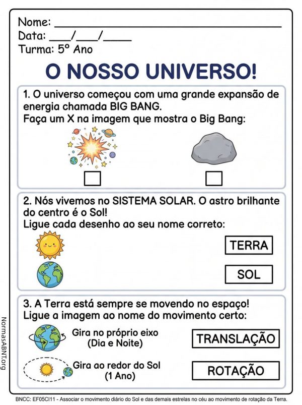 O nosso universo, atividade para 5º ano EF, ciência