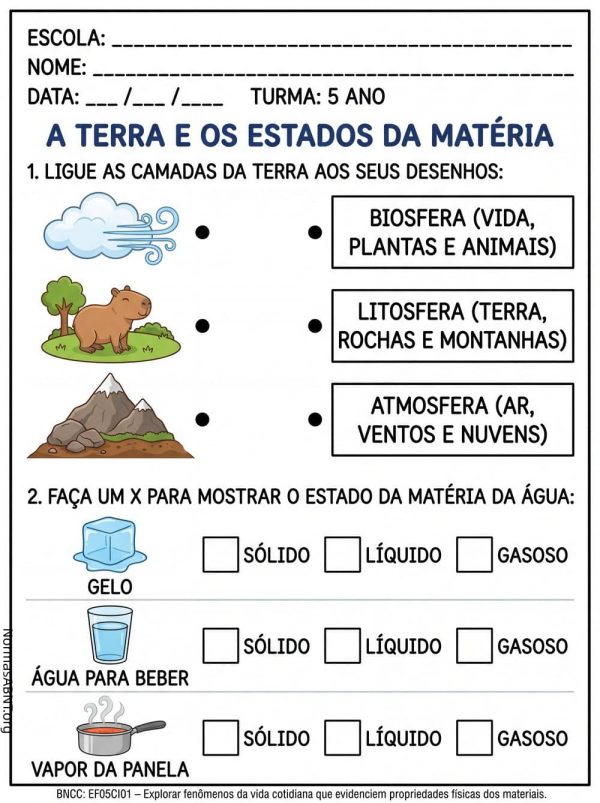 atividade sobre a terra e os estados da matéria, 5º ano EF, ciência