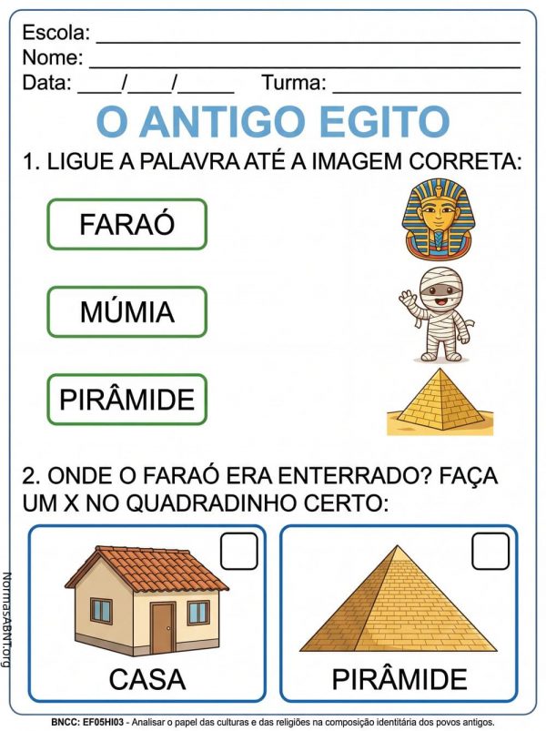 atividade sobre antigo Egito, faraó, múmia, pirâmide