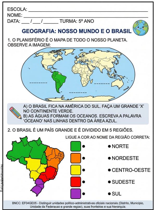 atividade 5º ano Geografia, nosso mundo e o brasil