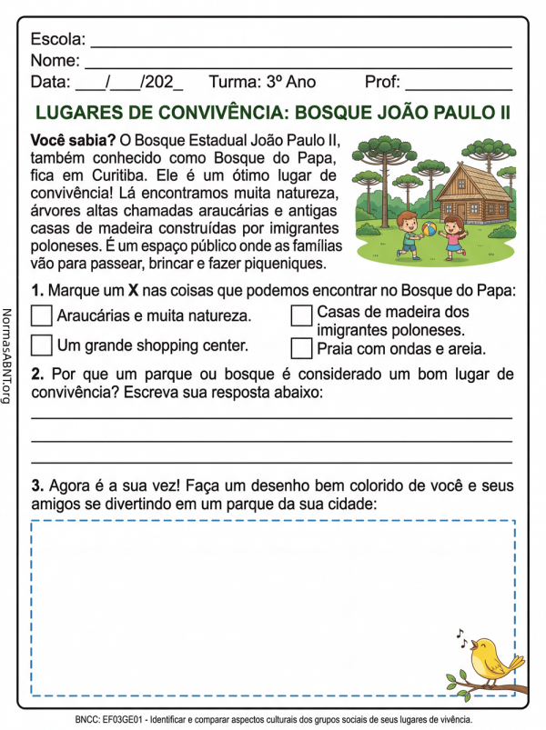 atividade geografia 3º ano EF sobre bosque joão paulo II