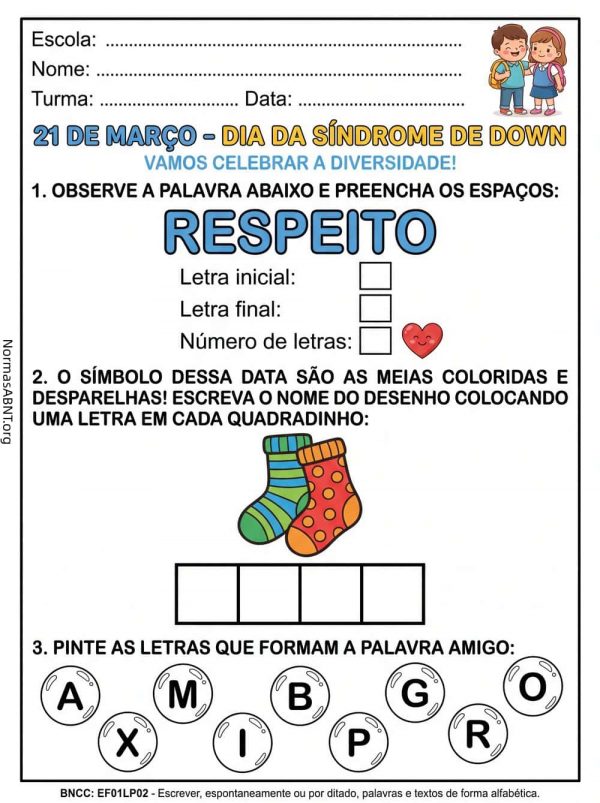 atividade sobre dia da síndrome de down, dia 21 de março
