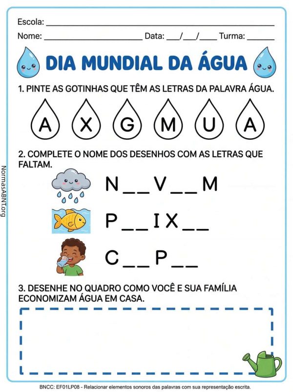 atividade de língua portuguesa 1 ano sobre dia mundial da água